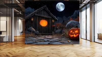 Haunted cabin with carved pumpkin under a full moon, eerie autumn night Wall mural