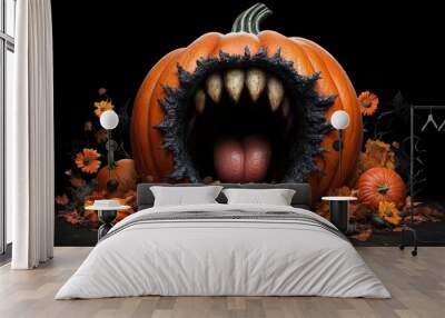 Monstrous Halloween pumpkin with sharp teeth and colorful autumn leaves, white isolate background. Wall mural