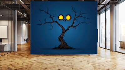 Mysterious tree with skull and glowing eyes on a dark blue background. Wall mural