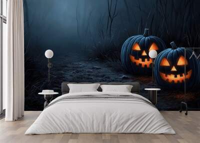 Spooky Halloween pumpkins glowing in a dark misty forest. Wall mural