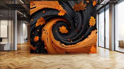 Swirling leaves in autumn colors over a dark background Wall mural