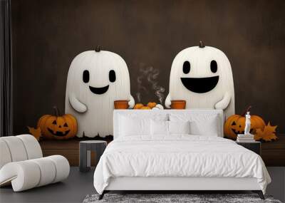 Two cheerful ghost characters with pumpkins and soup pot, Halloween theme. Wall mural