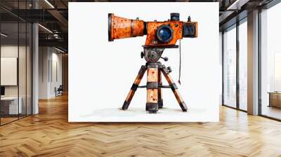 Vintage camera on tripod with a bright orange design, showcasing a unique blend of style and functionality in photography. Wall mural