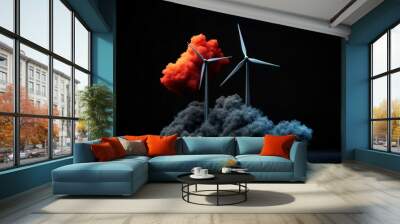 Wind turbines surrounded by colorful clouds on a dark background. Wall mural