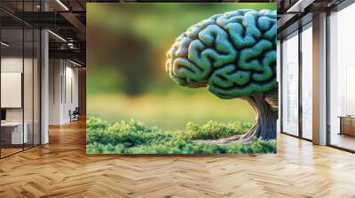 A creative depiction of a brain-shaped tree, symbolizing growth, nature, and intelligence in a serene outdoor setting. Wall mural