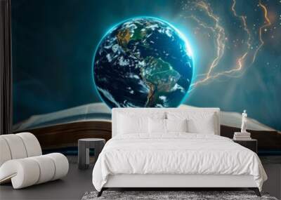 A globe rising from an open book, pages glowing, the promise of worldwide knowledge spreading Wall mural