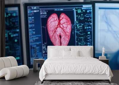 A medical professional analyzing advanced lung imaging on dual monitors in a clinical setting, showcasing modern healthcare technology. Wall mural