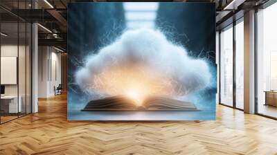 A mystical explosion of light emanating from an open book in a library, surrounded by enigmatic smoke and illumination. Wall mural