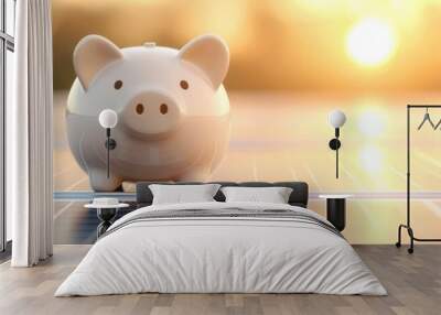 A piggy bank on solar panels under a vibrant sunset, symbolizing eco-friendly investment and financial growth. Wall mural