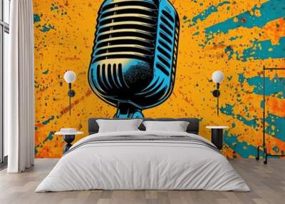 A vibrant retro microphone against a colorful burst background, perfect for music, performance, and artistic expression themes. Wall mural