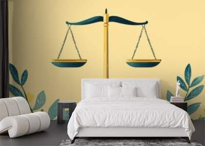 An elegant illustration of a balance scale surrounded by decorative leaves, symbolizing justice and fairness in law. Wall mural