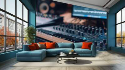 Close-up of a modern music production studio with a keyboard, mixer, and monitor screen displaying audio editing software. Wall mural