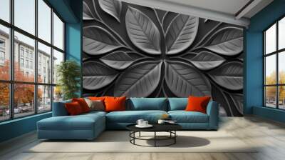 Elegant black and white leaf pattern with intricate texture and symmetry, perfect for backgrounds, designs, and decorative uses. Wall mural