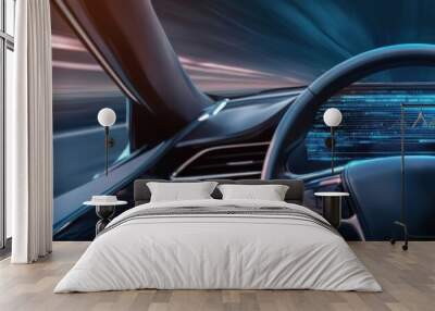 Futuristic car interior showing a high-speed perspective with advanced dashboard and lines of motion, conveying speed and technology. Wall mural