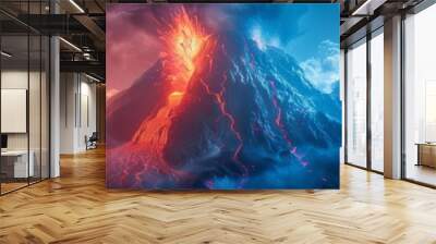 Futuristic depiction of a volcanic eruption, with a digitally rendered mountain split into red and blue facets, capturing the dramatic energy of nature Wall mural