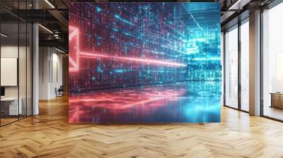 Futuristic email communication, a digital envelope in a neonlit cyber environment, symbolizing secure digital messaging Wall mural