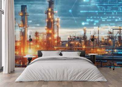 Futuristic industrial landscape featuring digital technology, energy production, and dynamic processes in an advanced refinery. Wall mural