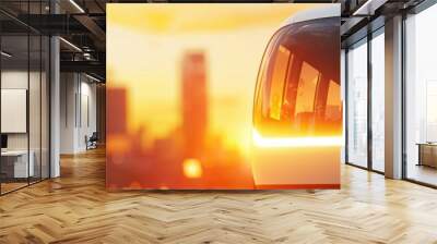 Futuristic transport vehicle against a vibrant sunset in a modern city, showcasing urban mobility and innovation. Wall mural