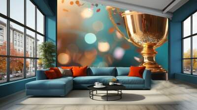 Golden trophy with confetti in the background, perfect for celebrating achievement and success in any competition or event. Wall mural