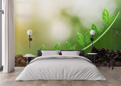 green leaf sprouting from rich soil, symbolizing growth and nature's resilience in a serene environment. Wall mural