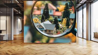 Hand holding magnifying glass over a miniature house. The concept of searching for a new home, real estate, and property investment. Wall mural