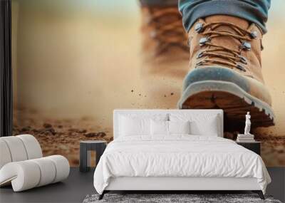 hiking boot walking on a dusty trail, capturing the spirit of adventure and outdoor exploration. Wall mural