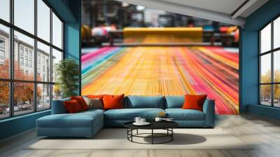 Industrial looms producing multicolored textiles, emphasizing motion and the spectrum of colors in a modern manufacturing setting Wall mural