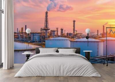 Industrial skyline at sunset with oil tanks and refineries, showcasing advancements in energy and manufacturing. Wall mural