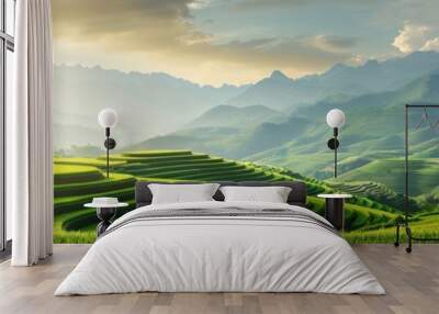 Stunning terraced rice fields under the morning sun, with lush green hills and mountains in the background, creating a serene natural landscape. Wall mural