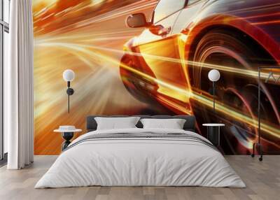 The sleek red sports car races down the highway, the sun glinting off its metallic paint. The driver is focused on the road ahead. Wall mural