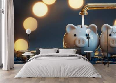 Two piggy banks under a golden faucet symbolizing saving and financial growth, with shimmering coins in the background. Wall mural