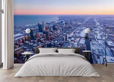 Cityscape aerial view of Chicago from observation deck at sunset Wall mural