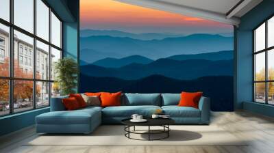 Scenic drive from Cowee Mountain Overlook on Blue Ridge Parkway at sunset time. Wall mural