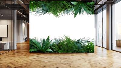 Green leaves nature frame layout of tropical plants bush (Monstera, palm, fern, rubber plant, pine, birds nest fern) foliage floral arrangement on white background with clipping path. Wall mural