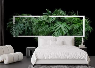 Tropical leaves foliage jungle plant bush nature backdrop with white frame on black background. Wall mural