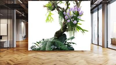 Tropical plants bush with tropical rainforest tree with epiphytes creeper plants Staghorn fern, Bird's nest fern, hanging Dischidia succulent plant and purple Vanda orchid flowers  Wall mural