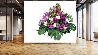 Wedding floral decoration with tropical foliage plants (Monstera, fern, lady palm) and exotic flowers (purple orchids and Curcuma), floral arrangement bouquet isolated on white with clipping path. Wall mural