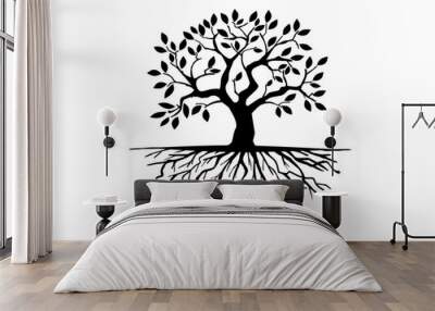 Black Trees and root with leaves look beautiful and refreshing. Tree and roots LOGO style. Wall mural