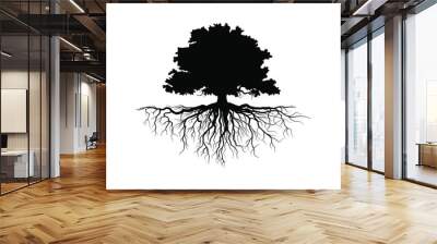 Black Trees and root with leaves look beautiful and refreshing. Tree and roots LOGO style. Wall mural