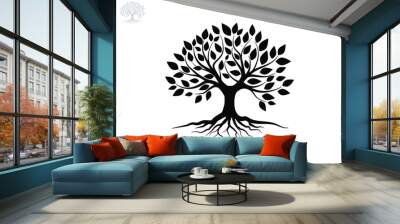 black trees and root with leaves look beautiful and refreshing. tree and roots logo style. Wall mural