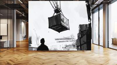 Black and white sketch of a crane driver lifting a container in a busy port, stark contrast, Minimalist, Ink, Monochrome Wall mural