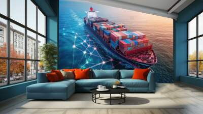 Container ship at sea with digital network links, digital trade network connection concept, global shipping industry  Wall mural