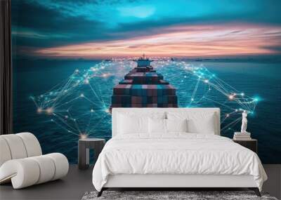 Container ship at sea with digital network links, digital trade network connection concept, global shipping industry Wall mural