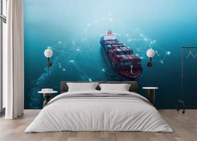 Container ship at sea with digital network links, digital trade network connection concept, global shipping industry Wall mural