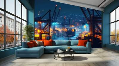 Nighttime shipyard, illuminated cranes and containers, 3D illustration  Wall mural