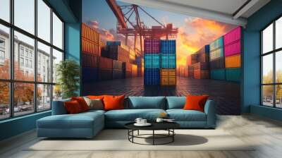 Stacked shipping containers, colorful arrangement in shipyard, 3D illustration Wall mural