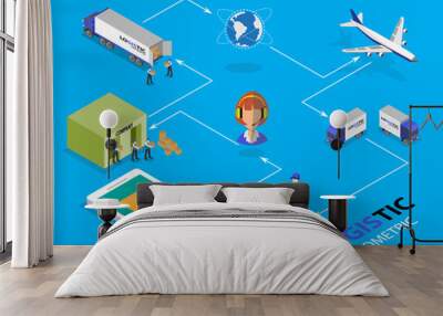 Global logistics network Flat 3d isometric vector illustration Set shipping On-time delivery Wall mural