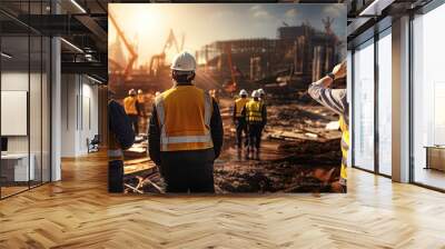 A group of civil engineers, dressed in safety vests and helmets, stands on a road construction site.Generated with AI Wall mural