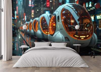 AI-driven personal transport pods in a futuristic city Wall mural