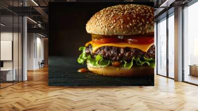 American cheeseburger sesame seed bun Juicy beef patty Wall mural